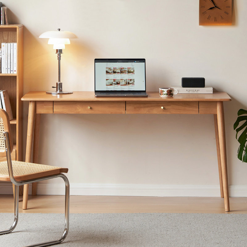Bureau en bois massif 59 po avec tiroir MCM, Yellow, 55"W x 23.22"D