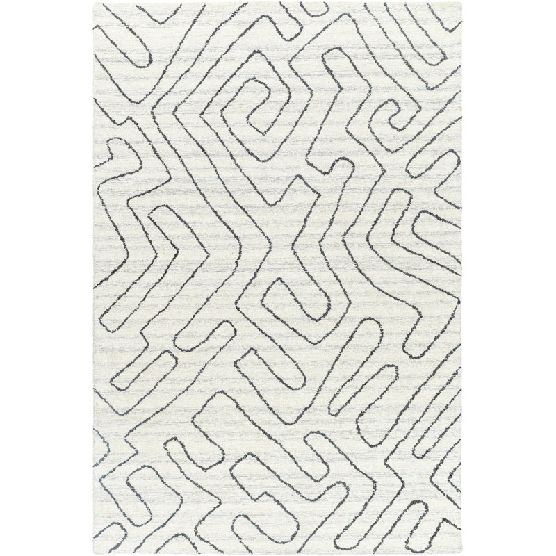 Tapis rectangulaire en laine touffeté à la main à motif abstrait ivoire, Rectangle 2 pi x 3 pi