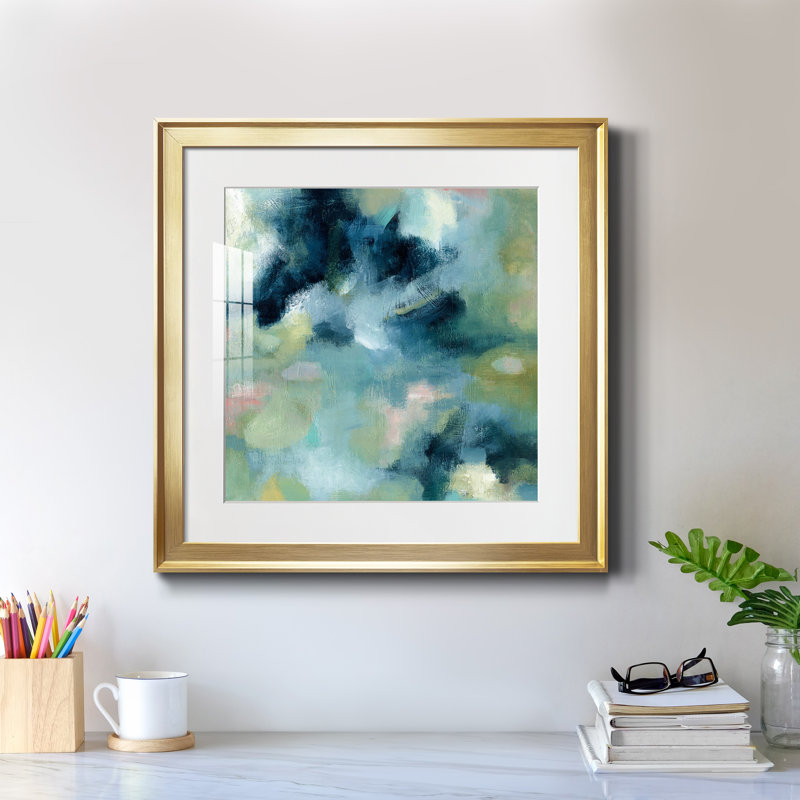 Jardin d'eau - peinture encadrée, H 17,5 po x l 17,5 po x P 1,5 po, Papier encadré doré