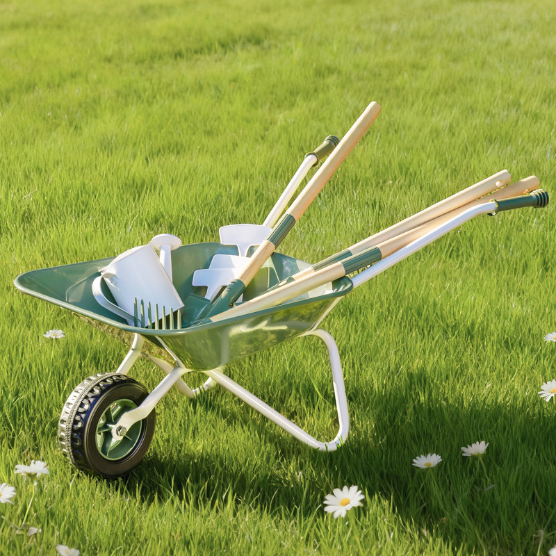 Brouette pour enfants avec outils de jardinage - 9 pièces en métal, Green