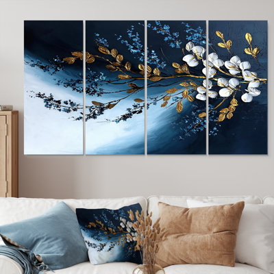 Gold And Blue Ferns Moonlit Fronds II - Ferns Canvas Art Set