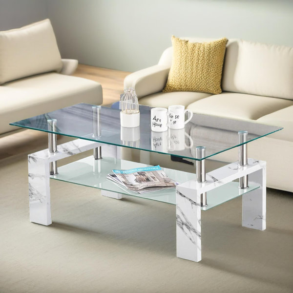 FURNOLD 2 Tier Glass Table with Storage Shelf, Living Room Furniture ...