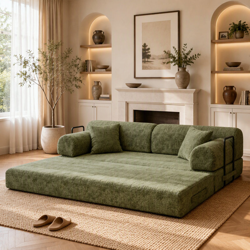 Sofa Upholstered 71.7 " Sleeper Sofa, Boucle, Vert mousse