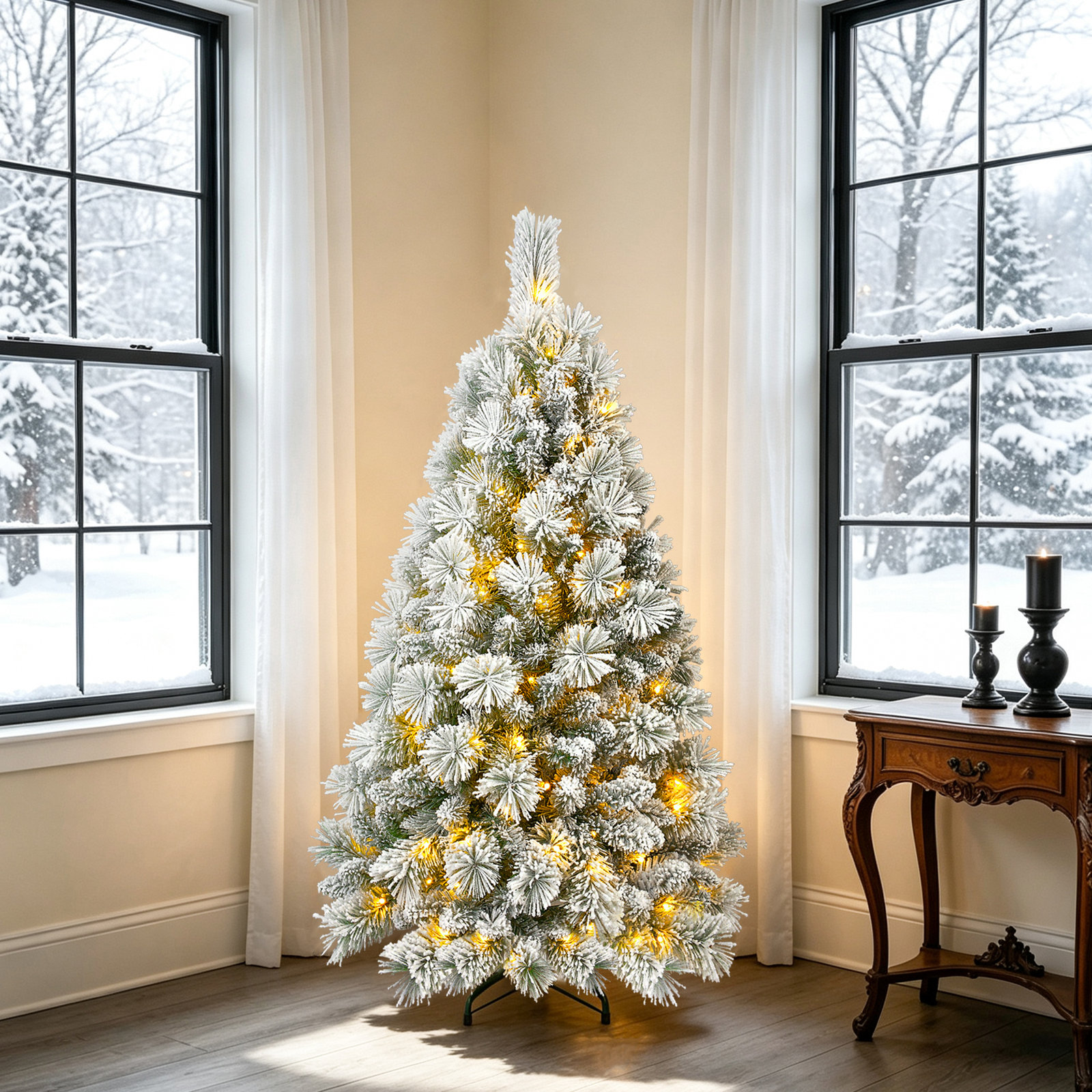 Pre-Lit Artificial Snow Flocked Christmas Tree w PVC Branches, Lights, Holiday Decor, 4'