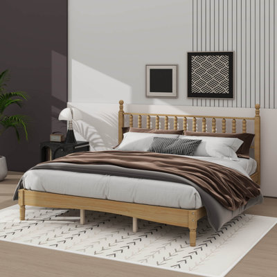 Classic Wooden Bed Frame With Gourd-Shaped Headboard, Vintage Platform Bed