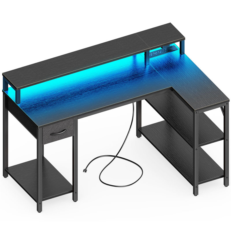 Reversible L Shaped Gaming Desk with Drawer, LED Lights & Power Outlets, Corner Computer Desk with Shelves & Monitor Stand