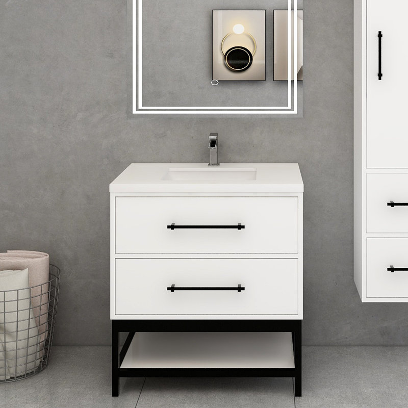 Victoria Wall-Mounted Vanity with Reinforced Acrylic Sink & Rack, Gloss White