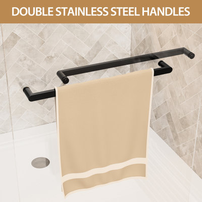 Double Sliding Shower Door 60" Wide By 72" High, 1/4" (6mm) Clear Tempered Glass, Matte Black Aluminum Frame, Dual Stainless Steel Handles, Adjustable Width Between 56" - 60", Water Proof Feature For