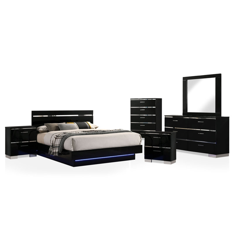 Ensemble de chambre à coucher Arosh, Grand lit, Six articles : lit, deux tables de chevet, deux c