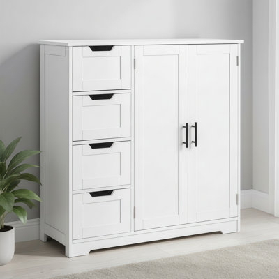 White Wooden Multi-Space Storage Cabinet With 4 Drawers And 1 Door, Suitable For Bathrooms, Living Rooms, And Entryways.