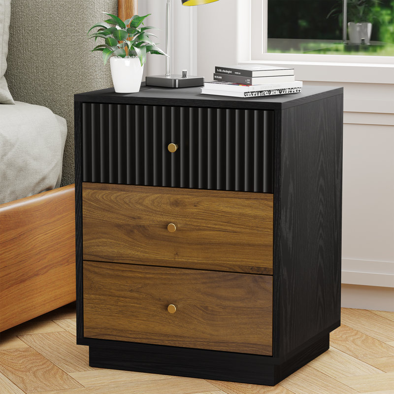 Mid-Century Modern Fluted Nightstand with 3 Drawers, White, Individual