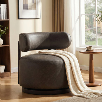 Brizo Modern Minimalist Curved 360 Swivel PU leather Upholstered  Club Chair with Wooden Base and Barrel Back Design