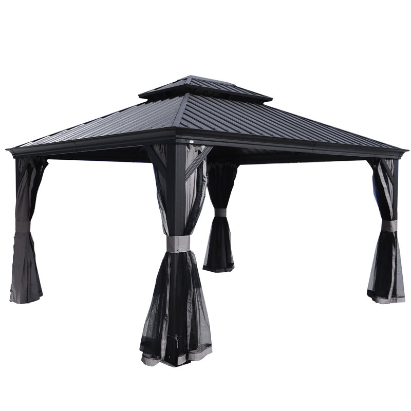 Kozyard Alexander Gray Double Roof Hardtop Gazebo with Privacy Curtain Mosquito Netting, 14 (ft) x 12 (ft)