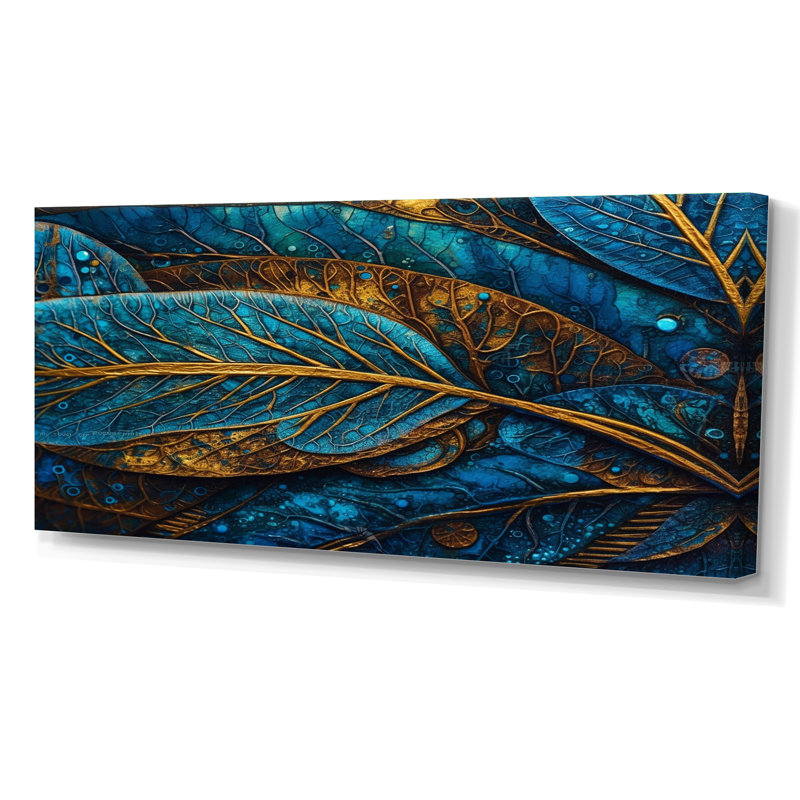 Kalypso, bleu et or, mélodie de Boho I - art mural plume Boho, Toile tendue, H 28 po x l 60 po x P 1,5 po