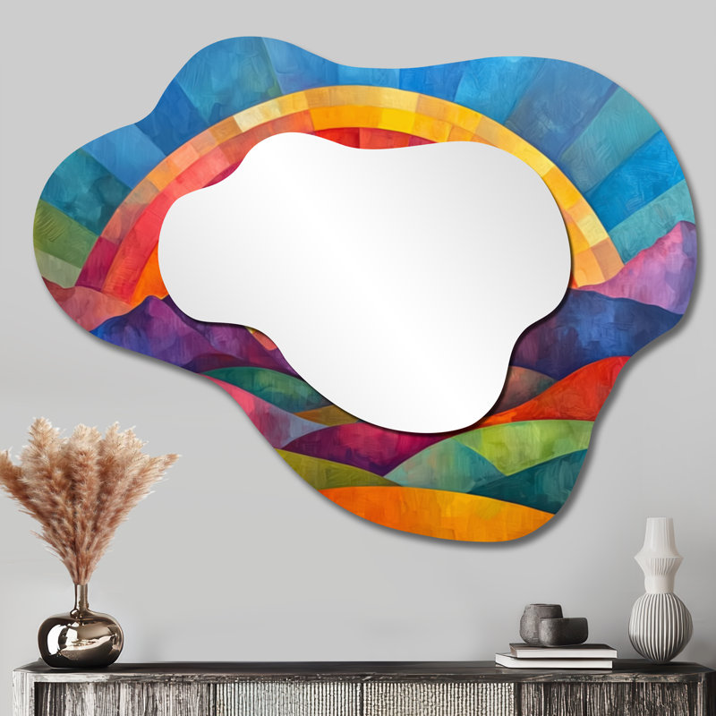 Rainbow Over Abstract Colorful Mountains - miroir asymétrique irrégulier arc-en-ciel, miroir mural traditionnel, imprimé sur métal