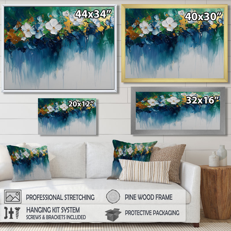 Vert néo-expressionniste de fleurs de bruine rythmique I - art mural néo-expressionniste pour le salon, H 16 po x l 32 po