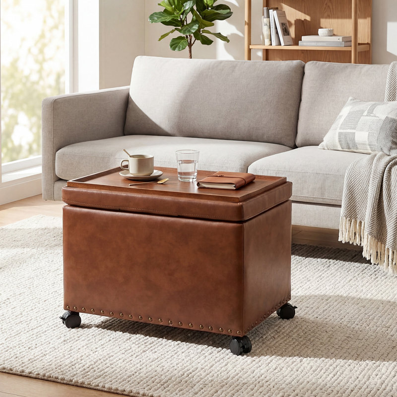 22" Faux Leather Storage Ottoman With Flip-Top Tray And Caster, Yellowish Brown