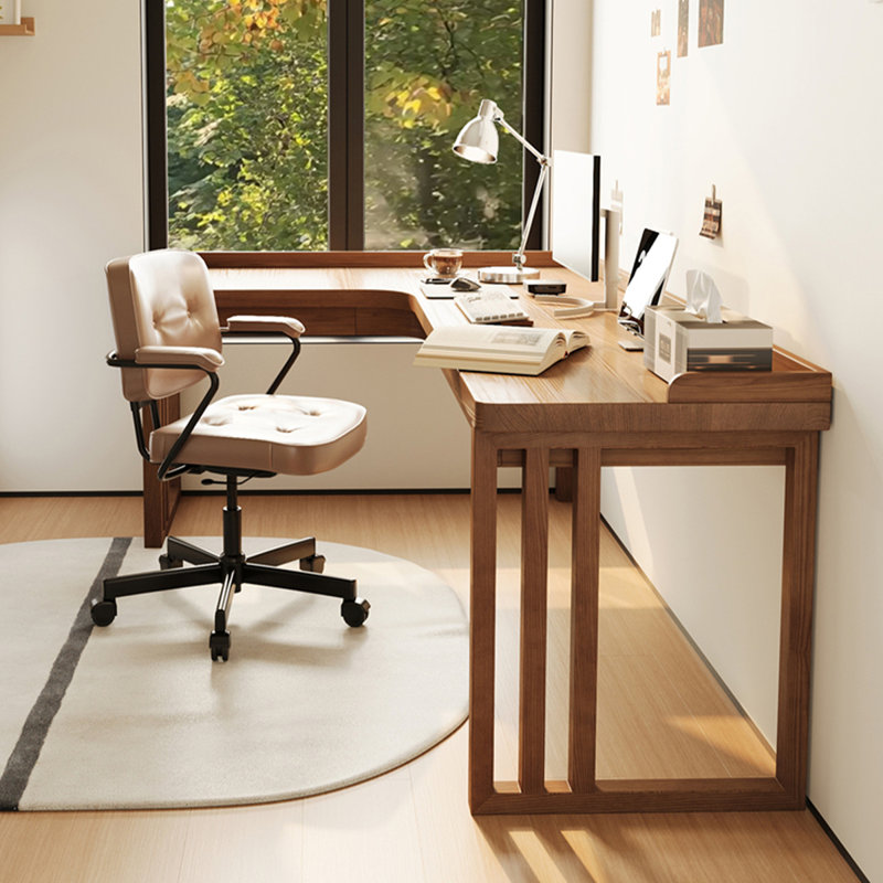 Bureau en bois massif en L de couleur noyer clair avec 3 tiroirs, Retour à gauche, H 31,50 po x l 70,87 po x P 47,24 po