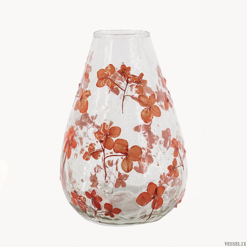 D4.9 "x7.1" Vase rond en verre transparent avec motif de fleur rouge fantaisiste, vase de table décoratif