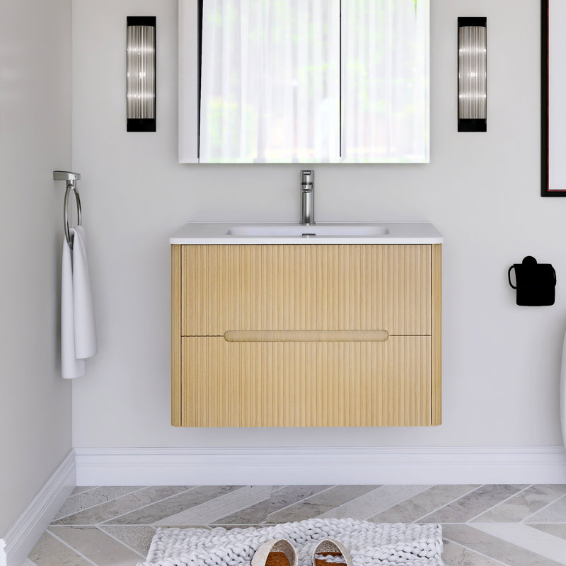 Ensemble de meuble-lavabo mural 30 po avec comptoir intégré en céramique, Chêne naturel