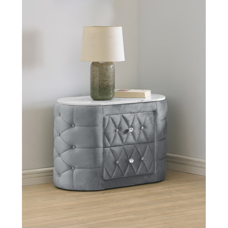 1Pc Gray Nightstand Upholstery Fabric Marble Top Two Storage Drawers Wooden Bedroom Furniture Oval Grey(Includes Only Nightstand)