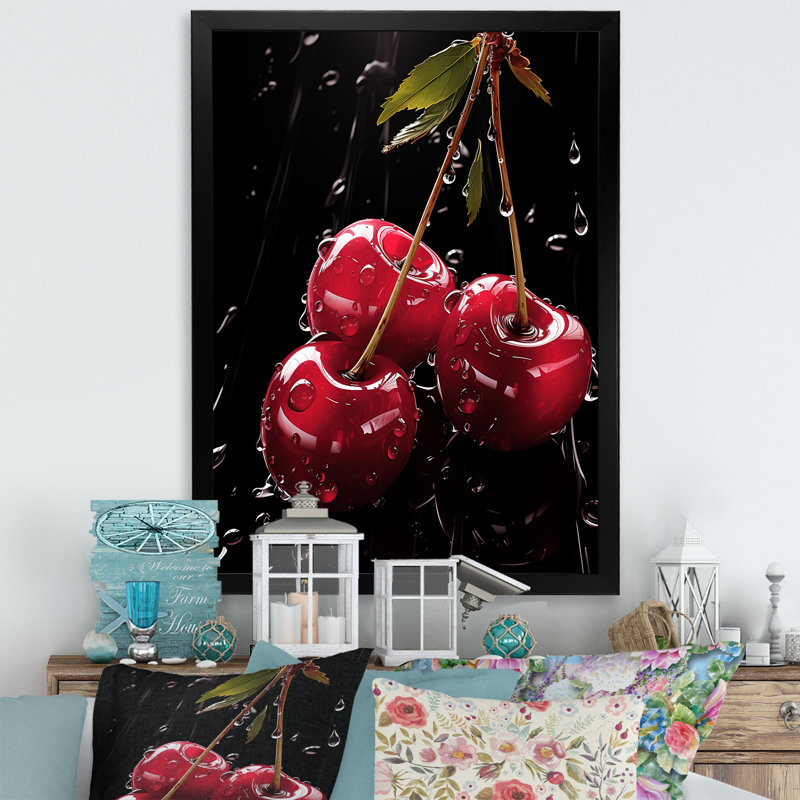 «Black and red Cherry Delight 1», art mural cerise, Cadre simple noir, H 44 po x l 34 po x P 1,5 po