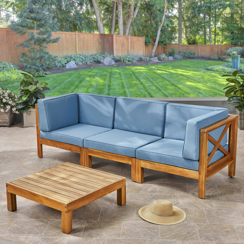 Acacia 3 - Person Patio Conversation Set with Cushions, Teak Frame / Blue Cushion