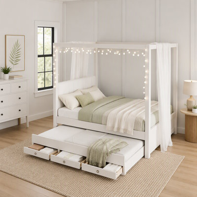 Upholstery Canopy Platform Bed with Trundle and Three Storage Drawers, Beige