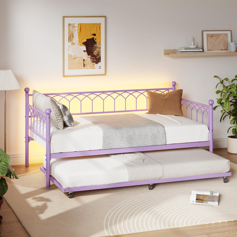 Daybed with Trundle, Metal Twin Trundle Bed with Charging Station & LED Lights, Sofa Beds Frame with Pull Out Bed, Twin