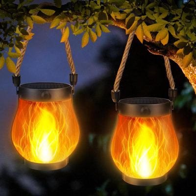 2 Pack Solar Lanterns Lights, Flickering Flame Garden Lights with 2 Modes Dual Charging USB & Solar