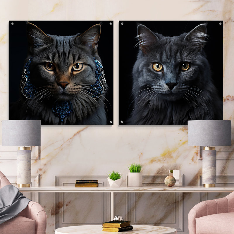 Portrait de chat Chartreux - ensemble de 2 peintures murales en acrylique, H 16 po x l 33 po