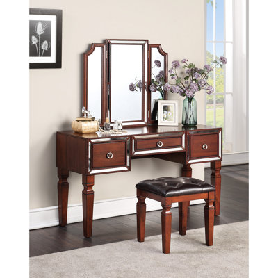 Meuble-lavabo et tabouret de chambre couleur cerise Majestic - 3 tiroirs de rangement et verre classique avec tabouret, miroir triple