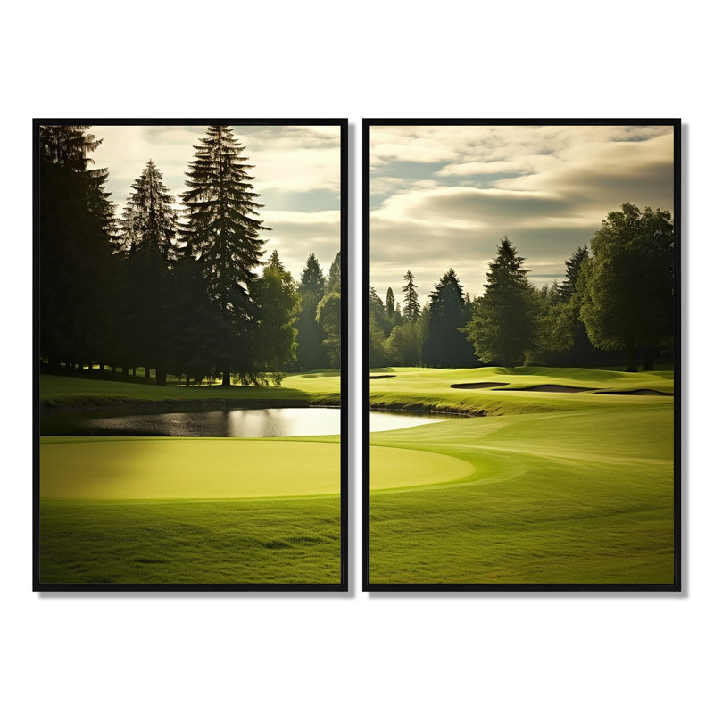 Golf Fairway Serenity - art mural moderne, Black, 36" H x 48" W, Impression encadrée flottante