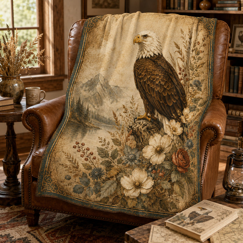 Couverture vintage à motif d'aigle et paysage de montagne fleuri, jeté rustique en flanelle orné d'une illustration animalière, idéal pour canapé, lit ou chalet, 101,6 x 127 cm