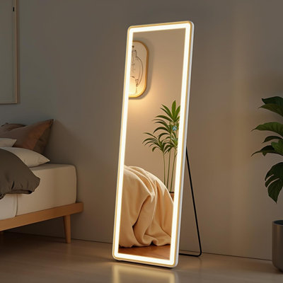 Miroir pleine longueur avec lumières DEL, miroir mural pleine grandeur, miroir au sol éclairé, suspendu ou incliné avec éclairage 3 couleurs, grand miroir pour un décor moderne