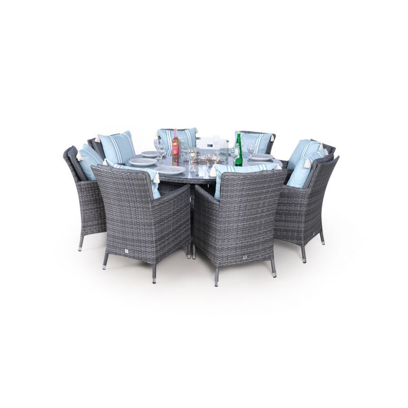 Pate 8 - Person Wicker Patio Dining Set with Round Table , Cushions Included, Grey/Light Blue, Grey