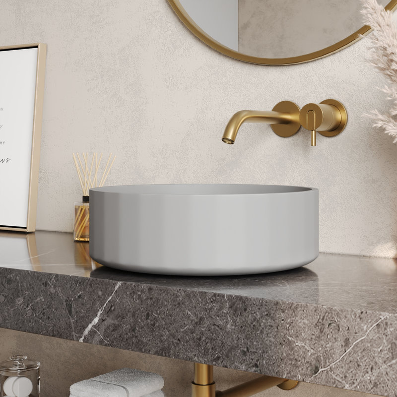 DeerValley 17" x 6" Bathroom Vessel Sink, Concrete Light Gray Vessel Sink, Round Above Counter Bathroom Sink
