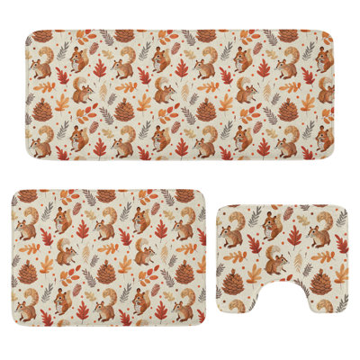 Fall Bathroom Rug Set 3 Pieces U-Shape & Rectangle Mats Beige Brown and Cocoa