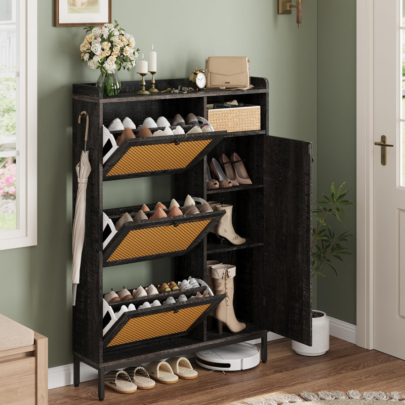 Range-chaussures à 4 niveaux avec 3 tiroirs rabattables, portes en rotin et tablette réglable, range-chaussures autoportant pour le vestibule