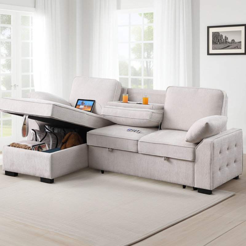 91" Convertible Sleeper Sectional Sofa with Pull-Out Bed, Storage Chaise, Beige Polyester Blend