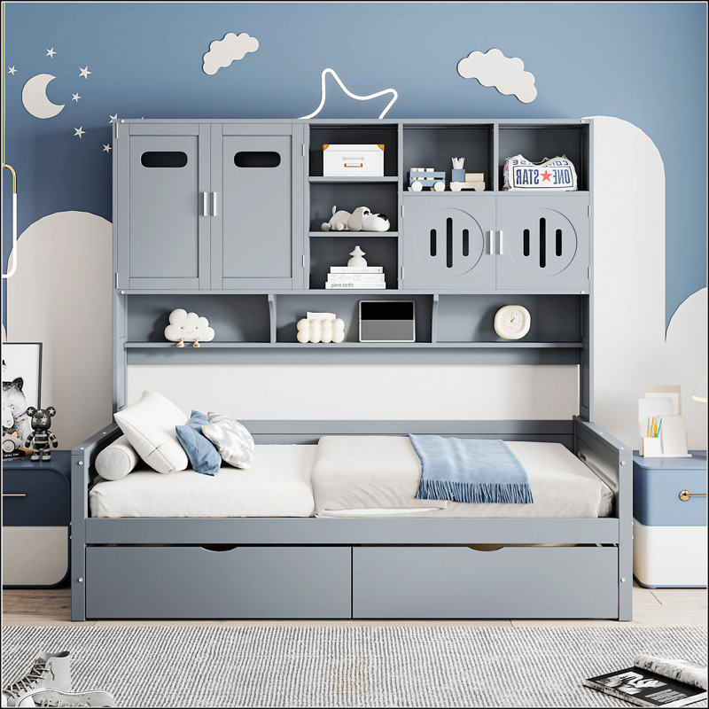 Lit de jour simple en bois avec 2 tiroirs, Gris, Lit simple