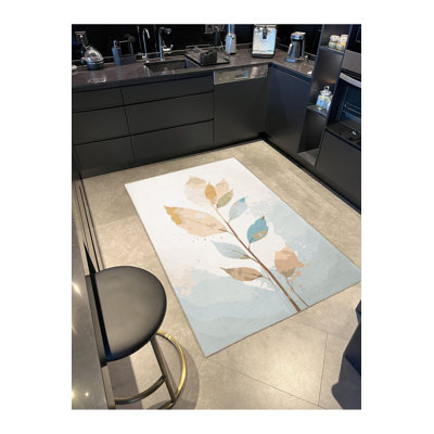 Tapis décoratif beige moderne à motif de feuilles lavable à la machine