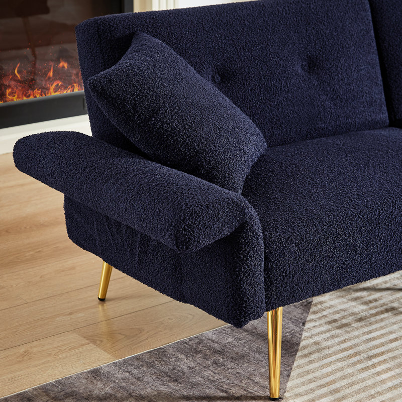 Dark Blue, Upholstered, Futon , 4 - Angle Adjustable Armrest, , Side Pocket, Primary Living Space , Golden Metal Legs,