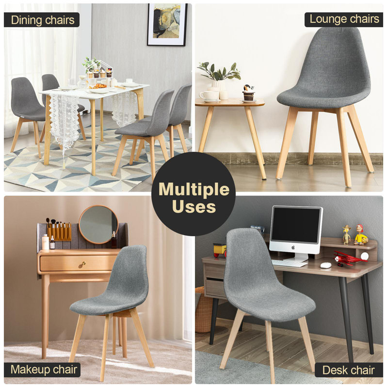 Gray Linen Upholstered Side Chair with Wood Legs, Set of 4