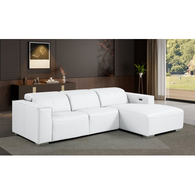 White Right-Facing 3-Piece L-Shaped Sectional In Genuine Leather With 1 Power Recliner & Adjustable Headrests