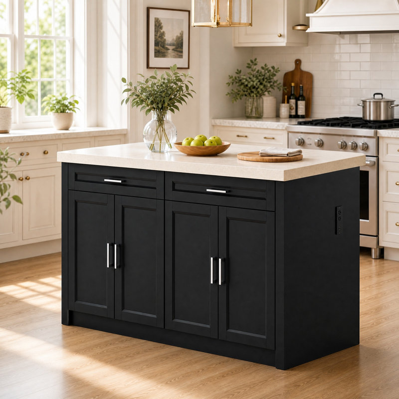 Grand îlot de cuisine l 61 po avec prise de courant intégrée, 2 tiroirs, 4 portes, Black