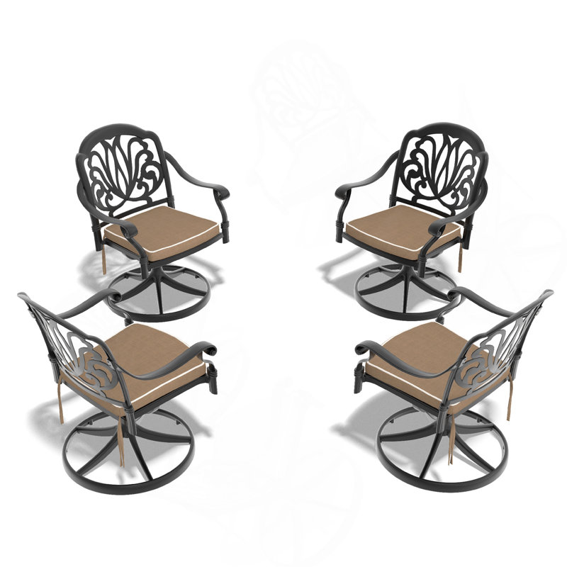 Chaise de patio pivotante en fonte d'aluminium 4 pièces avec structure et coussins noirs, Brun