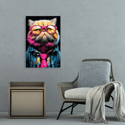 Funky Cat Pink Glasses Colorful Modern Vibrant Cat Portrait Wall Art Print 1 Piece Wrapped Canvas Wall Art