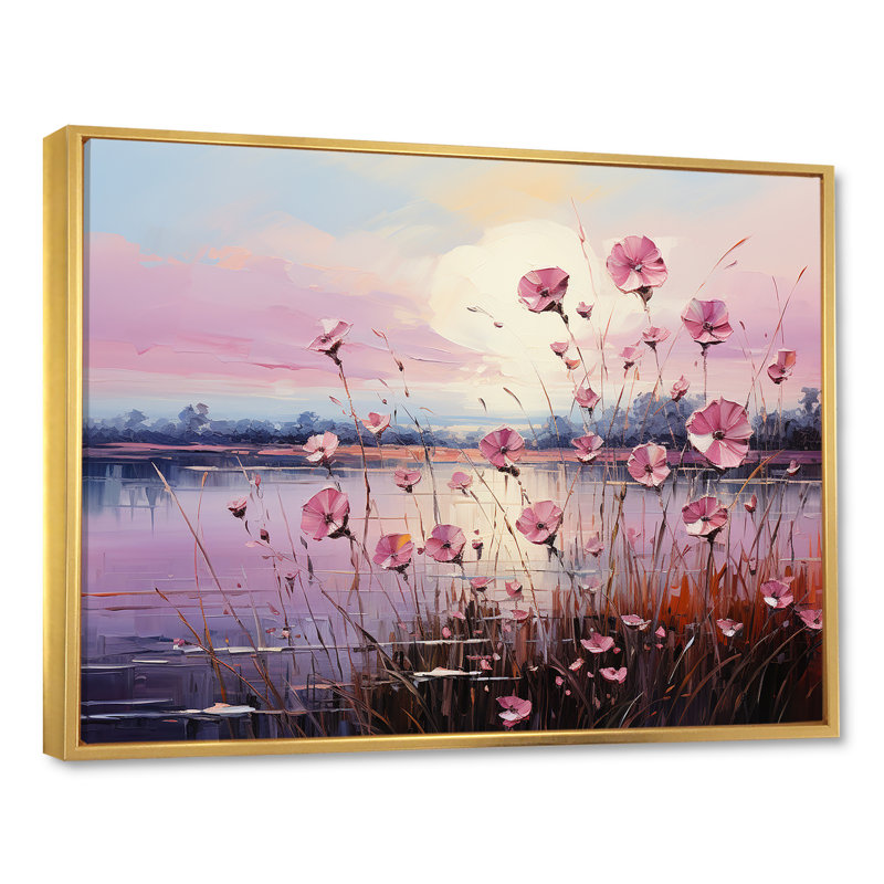 «Bloomed Flower Horizons At Sunlight» sur toile, Cadre flottant doré, H 24 po x l 32 po x P 1,5 po