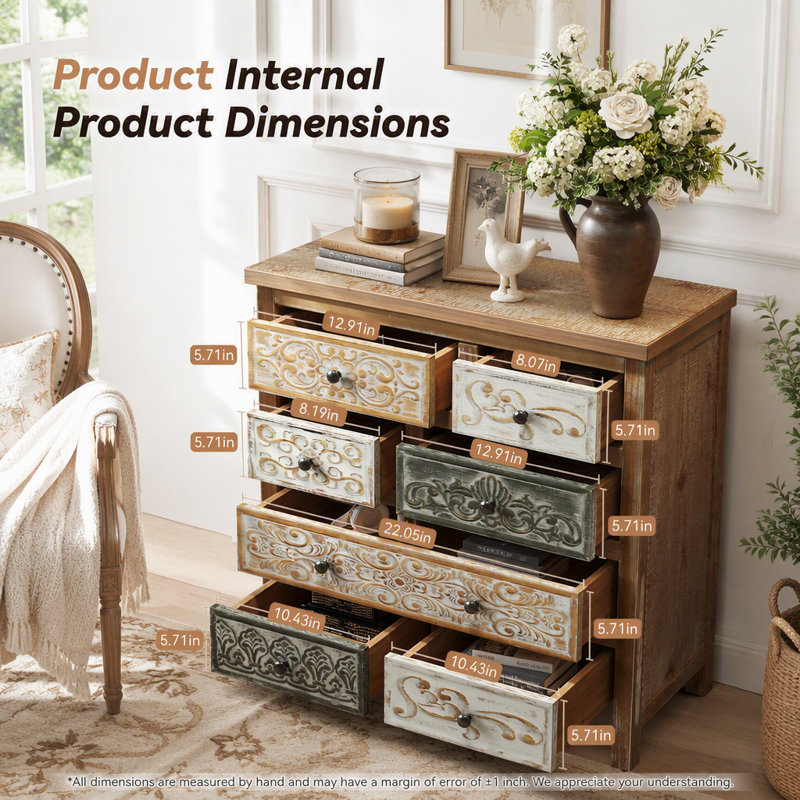 Commode d'appoint vintage en bois avec 6 tiroirs